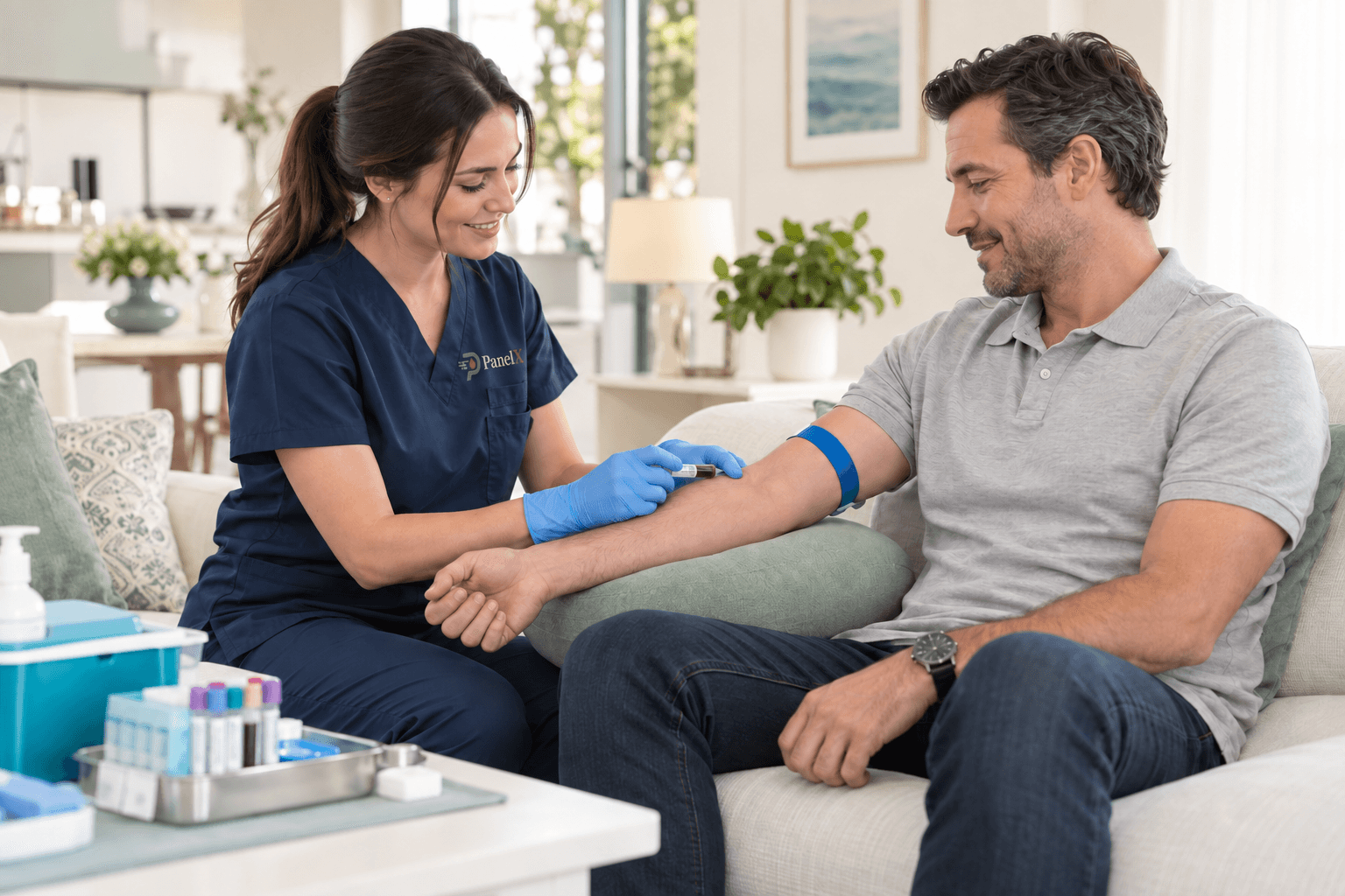 Illustration of a phlebotomist caring for a client during a home blood draw