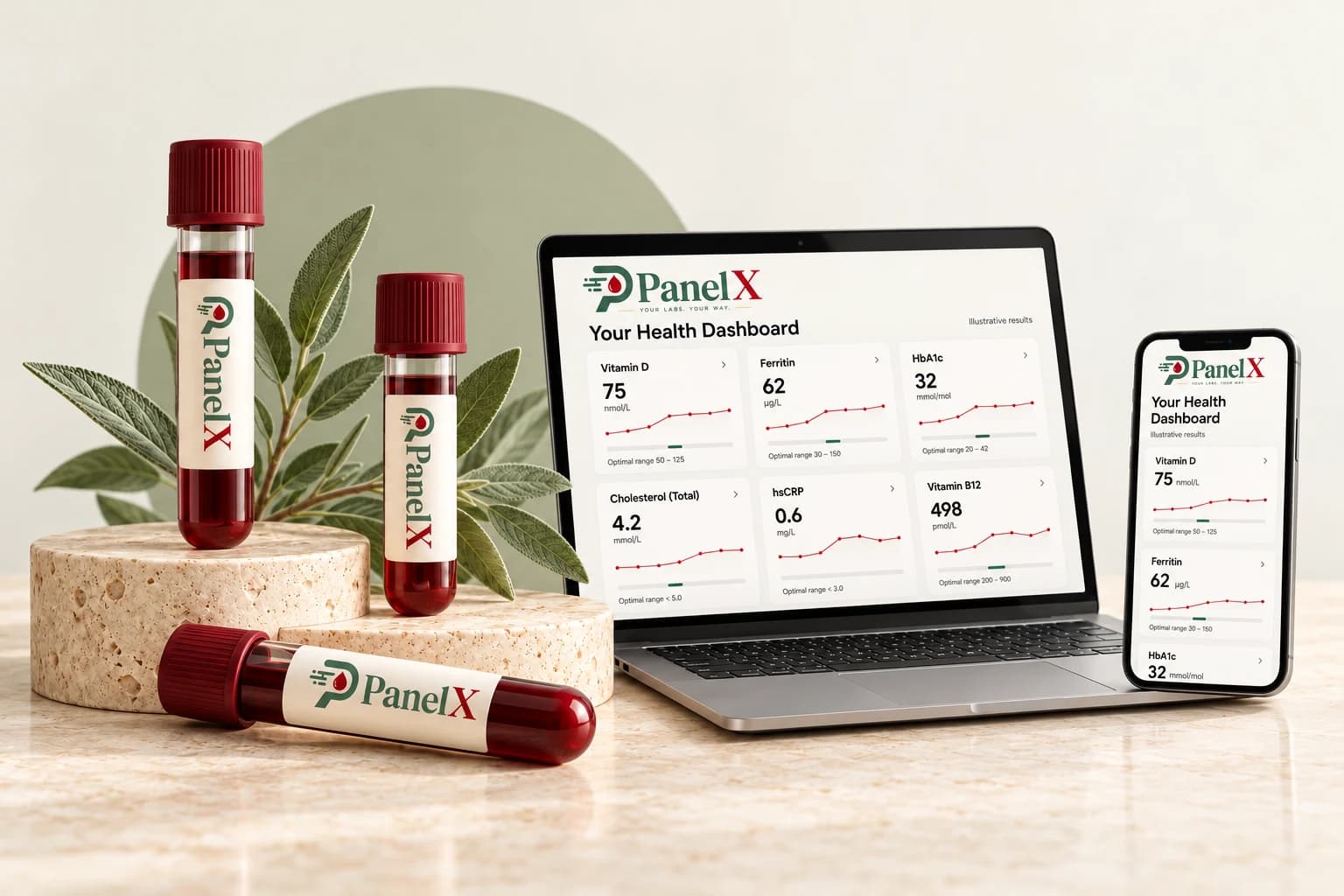 PanelX branded sample tubes beside a laptop and cellphone displaying illustrative lab results